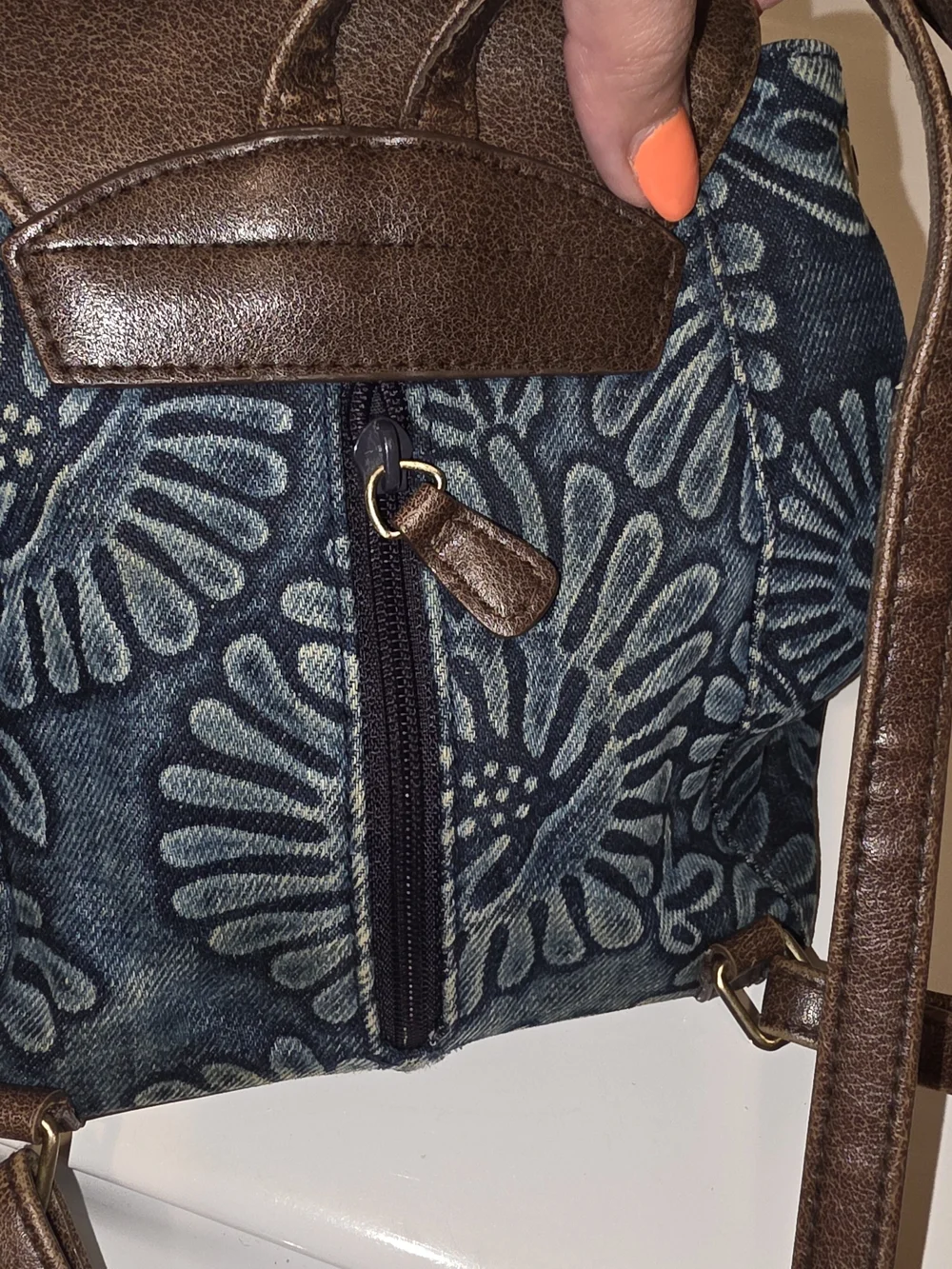 Blue Floral Denim Backpack with Brown Trim